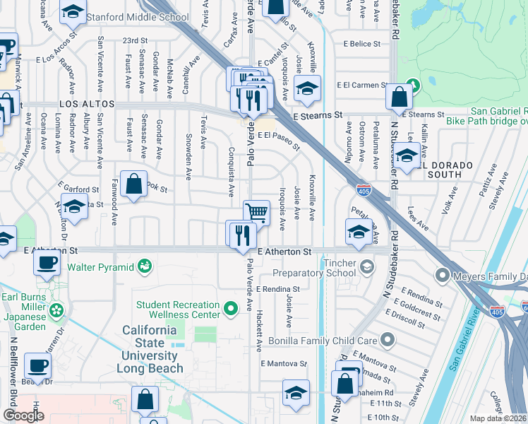 map of restaurants, bars, coffee shops, grocery stores, and more near 1881 Hackett Avenue in Long Beach