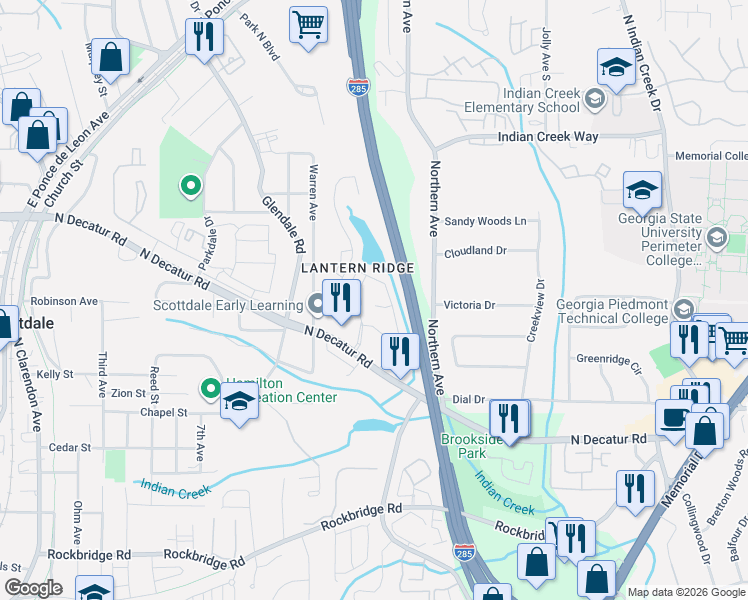 map of restaurants, bars, coffee shops, grocery stores, and more near 3682 Lantern Walk Lane in Scottdale