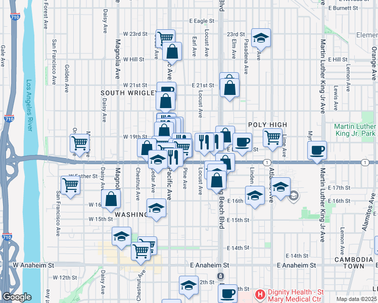 map of restaurants, bars, coffee shops, grocery stores, and more near 1834 Pine Avenue in Long Beach