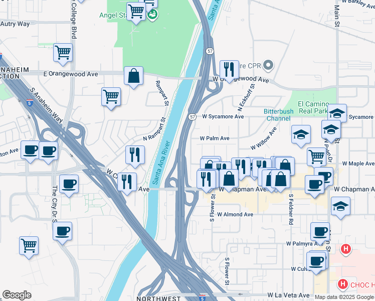 map of restaurants, bars, coffee shops, grocery stores, and more near 246 North Donneybrooke Street in Orange