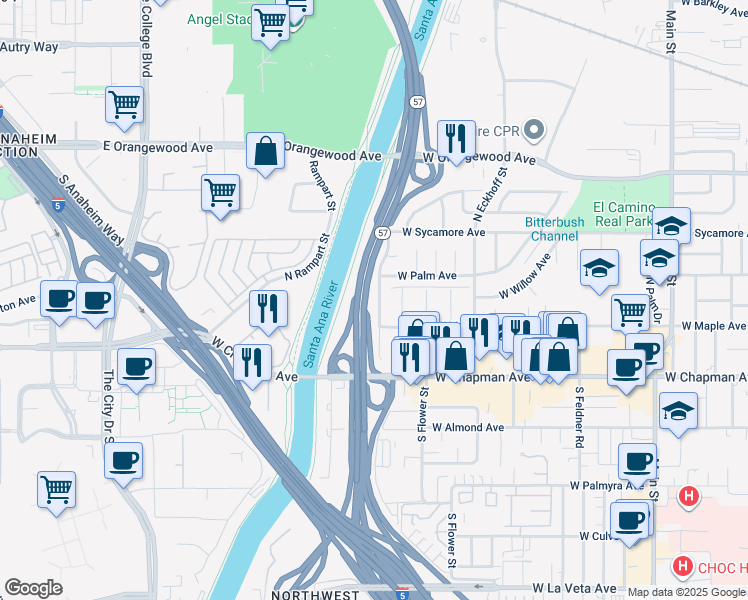map of restaurants, bars, coffee shops, grocery stores, and more near 246 North Donneybrooke Street in Orange