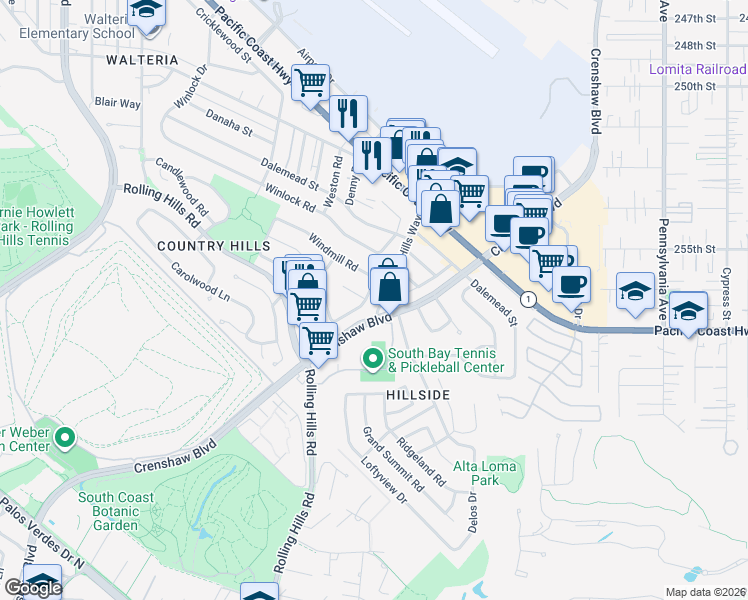 map of restaurants, bars, coffee shops, grocery stores, and more near 25610 Amber Leaf Road in Torrance