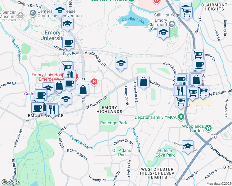 map of restaurants, bars, coffee shops, grocery stores, and more near 1930 Ridgewood Drive Northeast in Atlanta