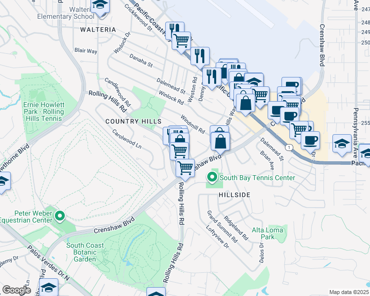 map of restaurants, bars, coffee shops, grocery stores, and more near 2858 Sunnyglen Road in Torrance