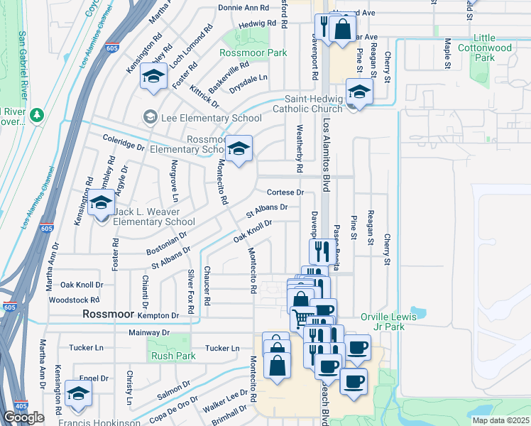 map of restaurants, bars, coffee shops, grocery stores, and more near 3302 Saint Albans Drive in Rossmoor