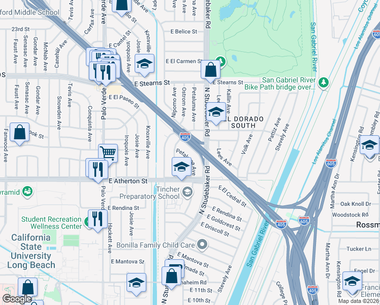 map of restaurants, bars, coffee shops, grocery stores, and more near 1866 Petaluma Avenue in Long Beach