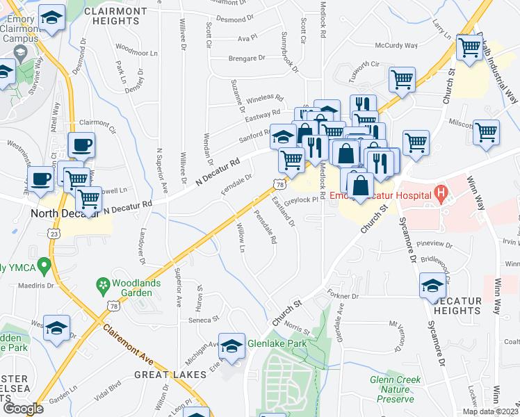 map of restaurants, bars, coffee shops, grocery stores, and more near 1377 Scott Boulevard in Decatur
