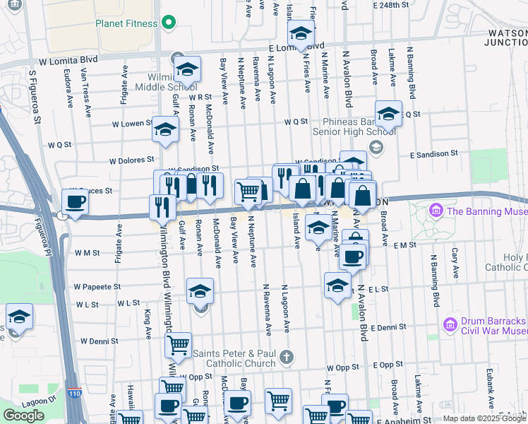 map of restaurants, bars, coffee shops, grocery stores, and more near 550 West Pacific Coast Highway in Los Angeles