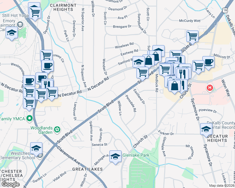 map of restaurants, bars, coffee shops, grocery stores, and more near 1348 Scott Boulevard in Decatur