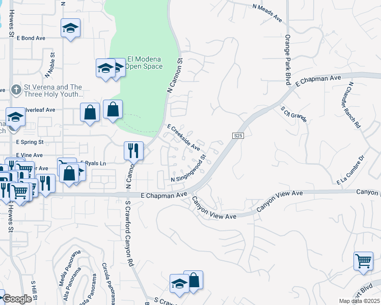 map of restaurants, bars, coffee shops, grocery stores, and more near 5846 East Creekside Avenue in Orange