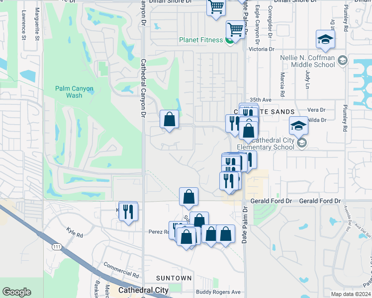 map of restaurants, bars, coffee shops, grocery stores, and more near 35200 Cathedral Canyon Drive in Cathedral City