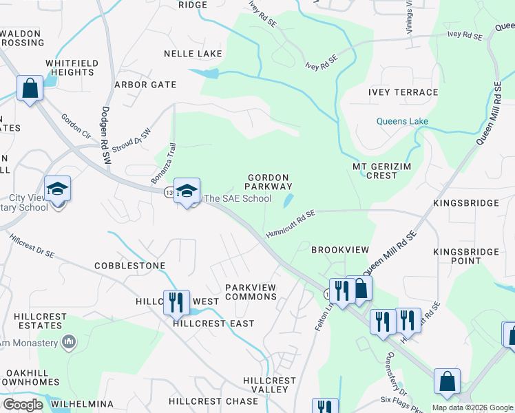 map of restaurants, bars, coffee shops, grocery stores, and more near 6733 Rioca Circle Southeast in Mableton