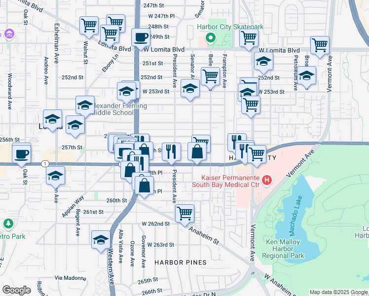 map of restaurants, bars, coffee shops, grocery stores, and more near 1519 257th Street in Los Angeles