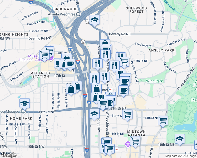 map of restaurants, bars, coffee shops, grocery stores, and more near 1314 Spring Street Northwest in Atlanta