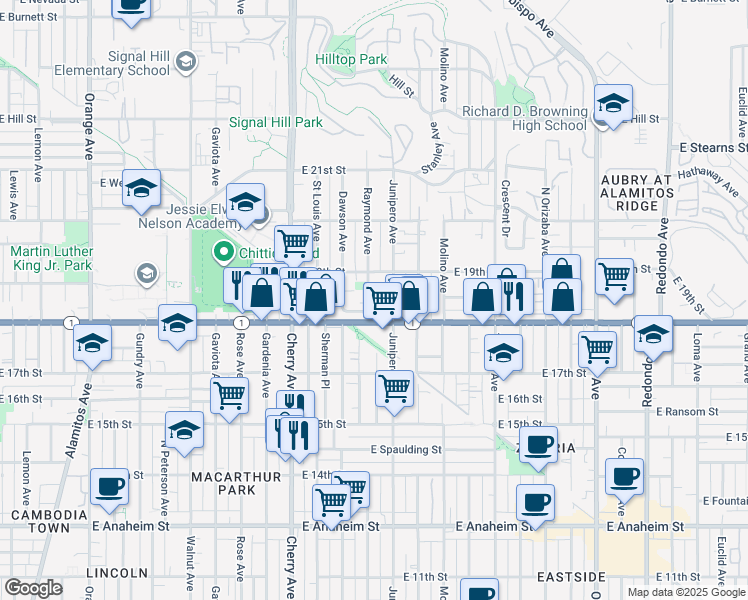 map of restaurants, bars, coffee shops, grocery stores, and more near 1844 Raymond Avenue in Signal Hill