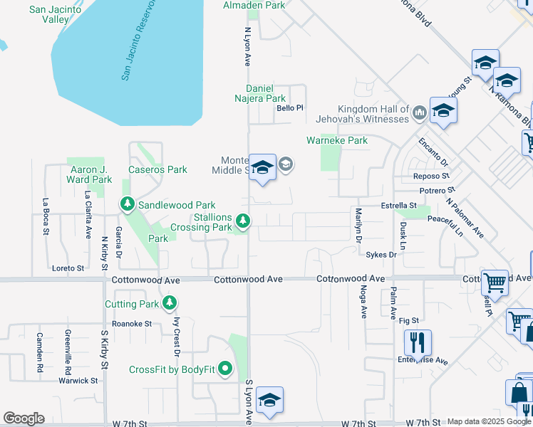 map of restaurants, bars, coffee shops, grocery stores, and more near Majesty Circle in San Jacinto