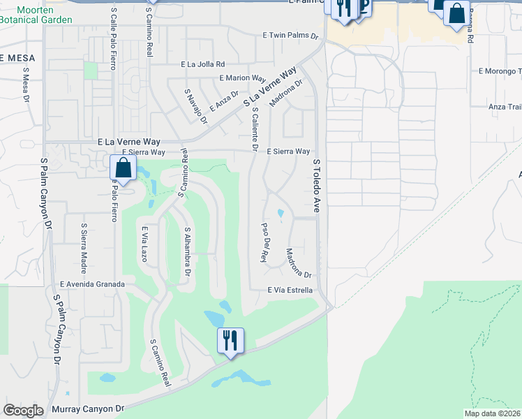 map of restaurants, bars, coffee shops, grocery stores, and more near 2281 Paseo Del Rey in Palm Springs