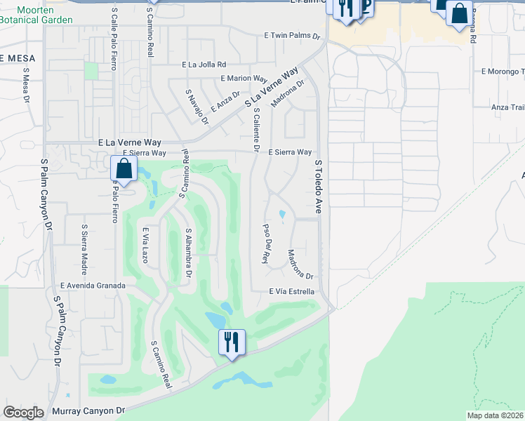 map of restaurants, bars, coffee shops, grocery stores, and more near 2296 Paseo Del Rey in Palm Springs