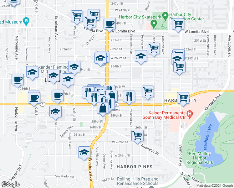 map of restaurants, bars, coffee shops, grocery stores, and more near 1657 257th Street in Los Angeles