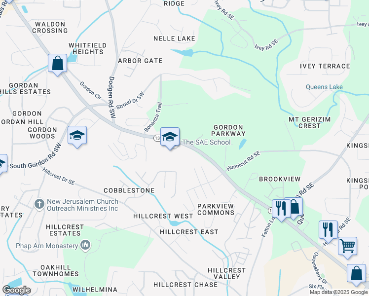 map of restaurants, bars, coffee shops, grocery stores, and more near 6696 Mableton Parkway Southeast in Mableton
