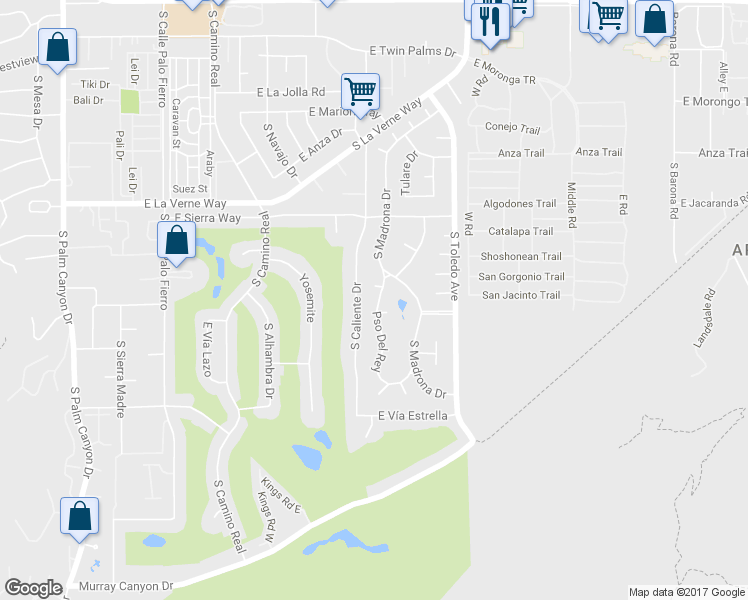 map of restaurants, bars, coffee shops, grocery stores, and more near 2281 Paseo Del Rey in Palm Springs