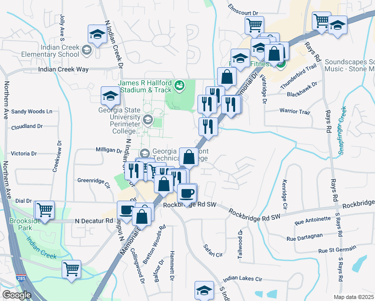 map of restaurants, bars, coffee shops, grocery stores, and more near 4958 Memorial Drive in Stone Mountain