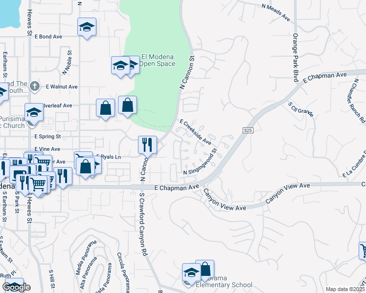 map of restaurants, bars, coffee shops, grocery stores, and more near 5721 East Stillwater Avenue in Orange