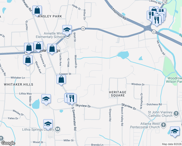 map of restaurants, bars, coffee shops, grocery stores, and more near 2177 Highridge Point Drive in Lithia Springs