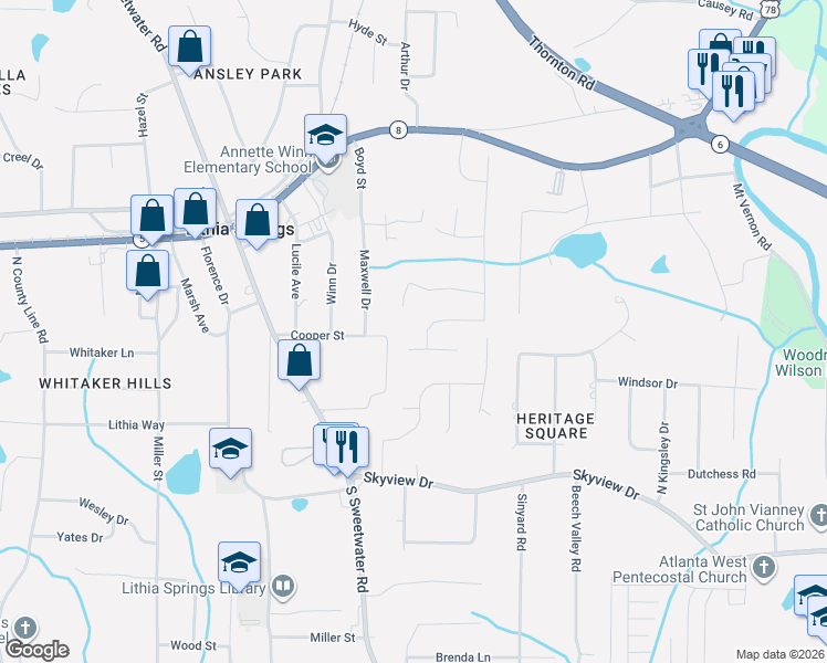 map of restaurants, bars, coffee shops, grocery stores, and more near 6786 Cooper Circle in Lithia Springs