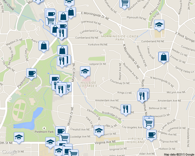 map of restaurants, bars, coffee shops, grocery stores, and more near 1315 Middlesex Avenue Northeast in Atlanta
