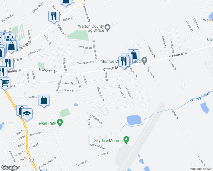 map of restaurants, bars, coffee shops, grocery stores, and more near 1011 New Lacy Street in Monroe