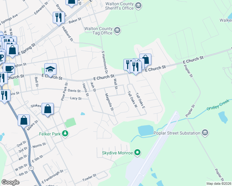 map of restaurants, bars, coffee shops, grocery stores, and more near 1005 New Lacy Street in Monroe
