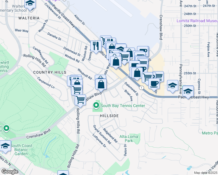 map of restaurants, bars, coffee shops, grocery stores, and more near 25616 January Drive in Torrance