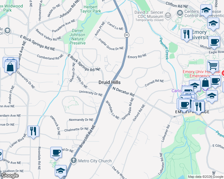 map of restaurants, bars, coffee shops, grocery stores, and more near 1291 North Decatur Road in Atlanta