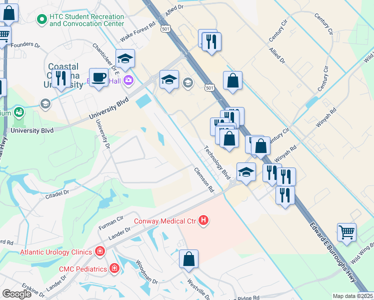 map of restaurants, bars, coffee shops, grocery stores, and more near 108 Clemson Road in Conway