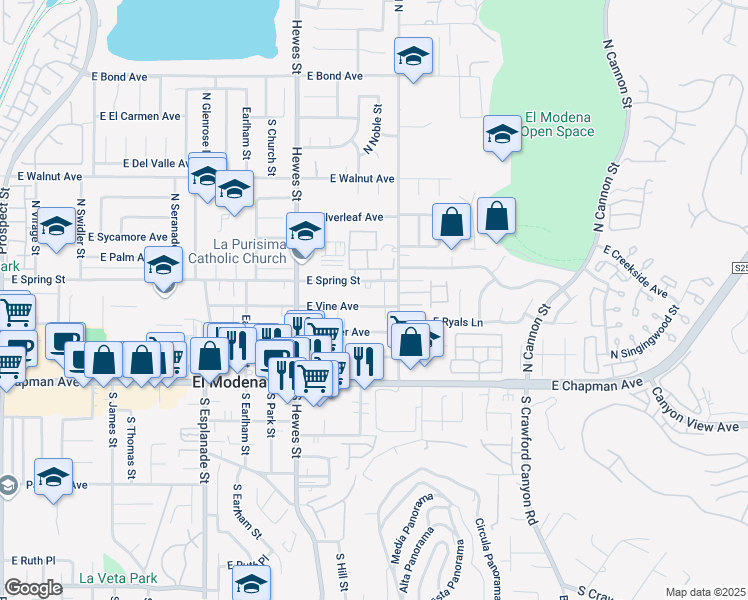 map of restaurants, bars, coffee shops, grocery stores, and more near 18915 East Vine Avenue in Orange