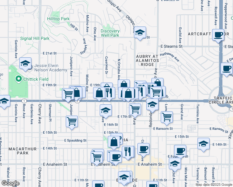 map of restaurants, bars, coffee shops, grocery stores, and more near 1845 Orizaba Avenue in Signal Hill