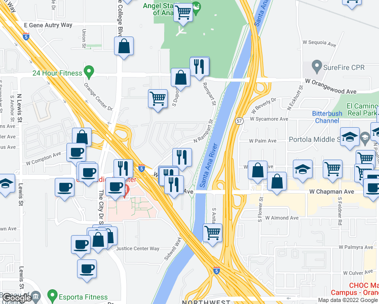 map of restaurants, bars, coffee shops, grocery stores, and more near 301 North Rampart Street in Orange