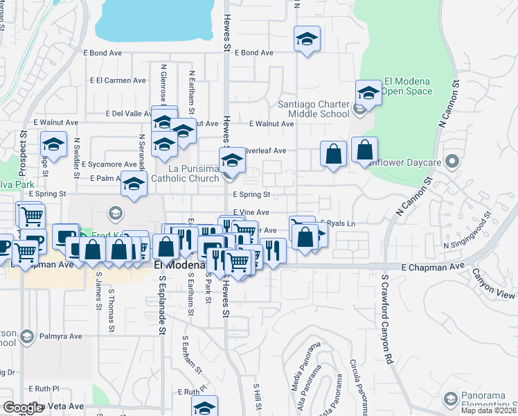 map of restaurants, bars, coffee shops, grocery stores, and more near 18833 East Vine Avenue in Orange