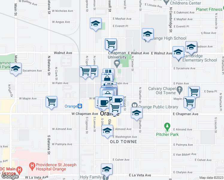 map of restaurants, bars, coffee shops, grocery stores, and more near 244 North Glassell Street in Orange