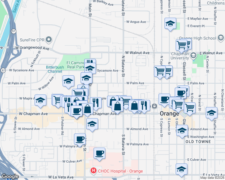 map of restaurants, bars, coffee shops, grocery stores, and more near 236-250 North Lime Street in Orange
