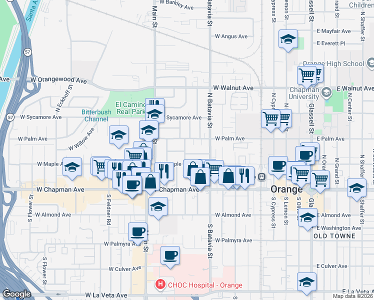 map of restaurants, bars, coffee shops, grocery stores, and more near 1041 West Acacia Avenue in Orange