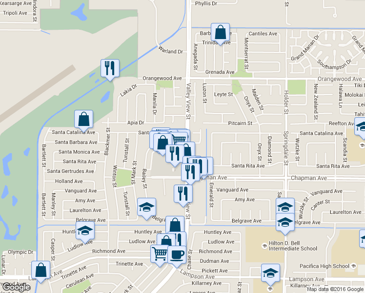 map of restaurants, bars, coffee shops, grocery stores, and more near 5962 Santa Barbara Avenue in Garden Grove