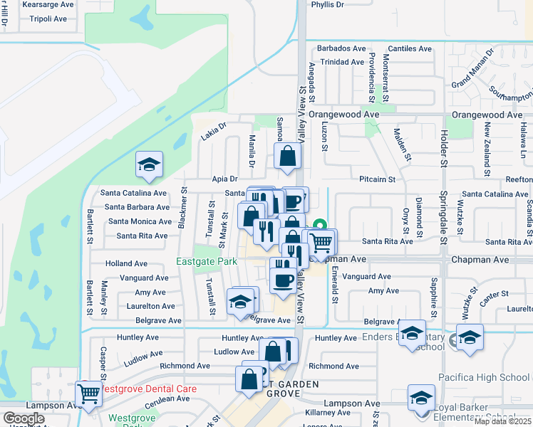 map of restaurants, bars, coffee shops, grocery stores, and more near 5882 Santa Barbara Avenue in Garden Grove