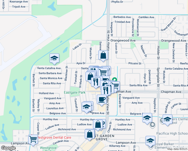map of restaurants, bars, coffee shops, grocery stores, and more near 5882 Santa Barbara Avenue in Garden Grove