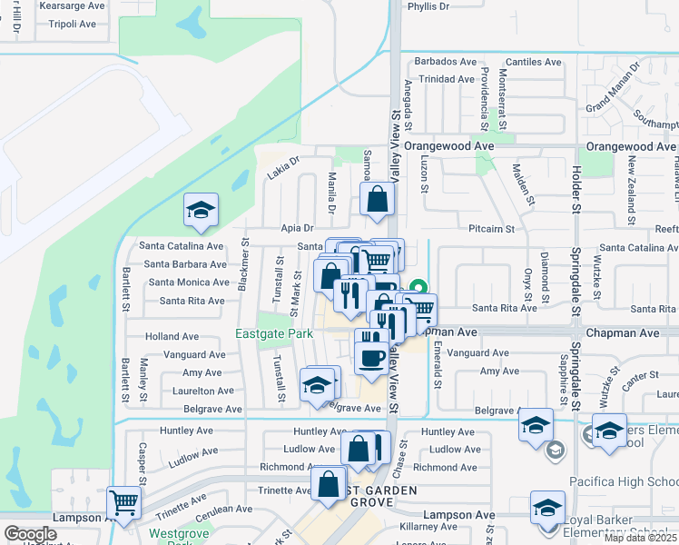 map of restaurants, bars, coffee shops, grocery stores, and more near 5882 Santa Barbara Avenue in Garden Grove
