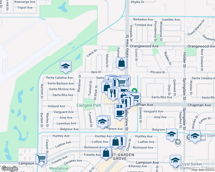 map of restaurants, bars, coffee shops, grocery stores, and more near 11851 Bailey Street in Garden Grove