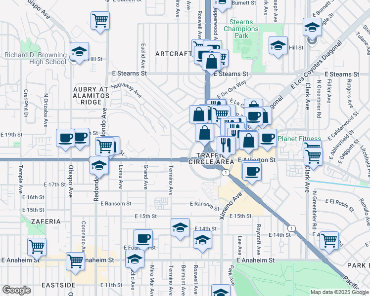 map of restaurants, bars, coffee shops, grocery stores, and more near 4146 East Mendez Street in Long Beach