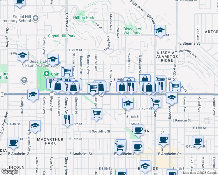 map of restaurants, bars, coffee shops, grocery stores, and more near 1836 Molino Avenue in Signal Hill