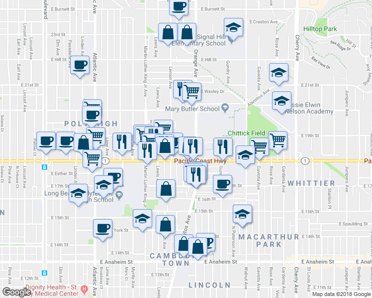 map of restaurants, bars, coffee shops, grocery stores, and more near 1819 Cerritos Avenue in Long Beach